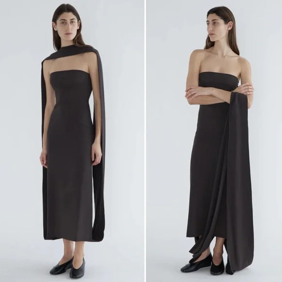 Paloma Wool Alberch Strapless Wool Blend Chocolate Brown Dress w/ Attached Scarf - Picture 1 of 12